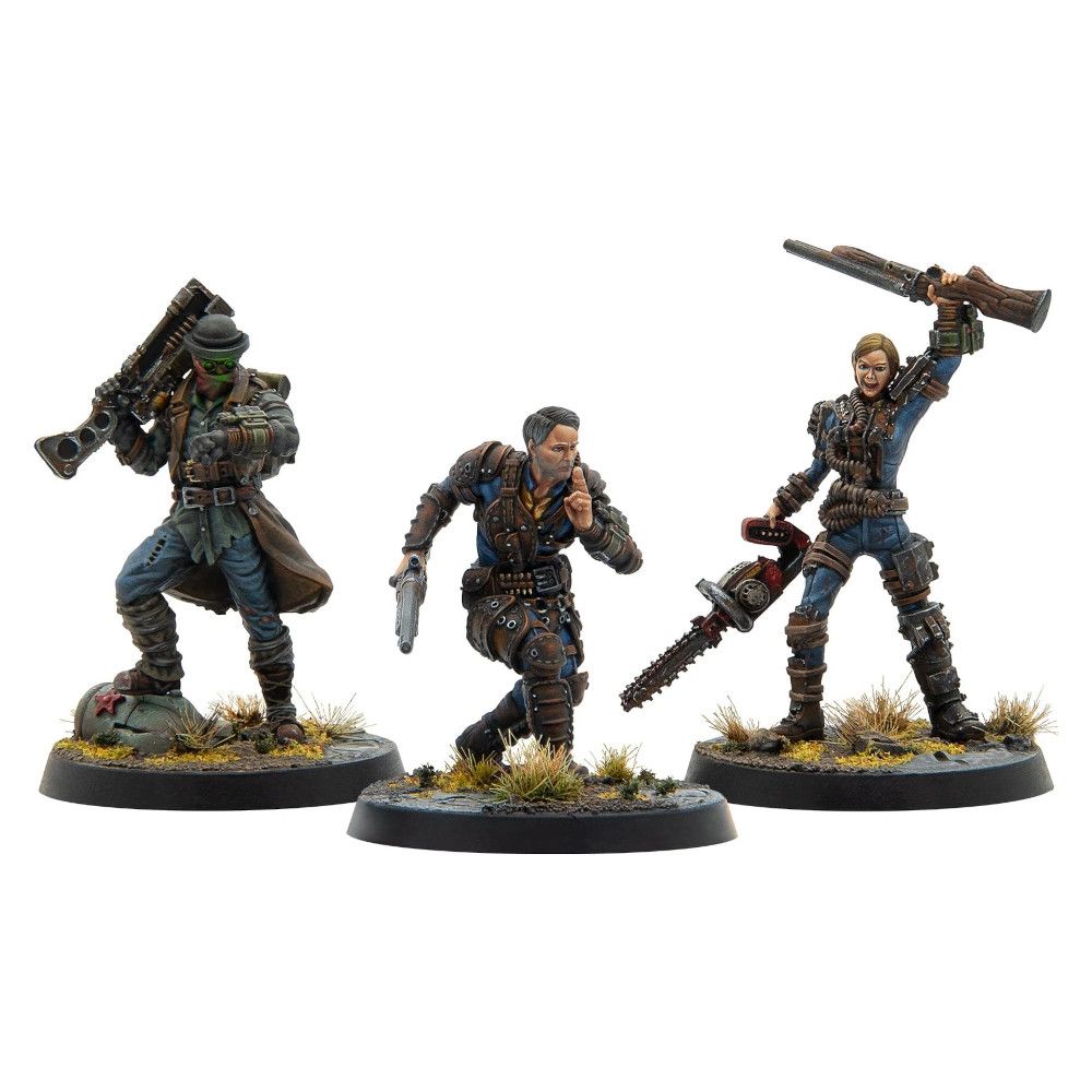 Three painted wasteland miniatures: a shotgun-wielding man, a man shushing with a pistol, and a woman with a rifle and chainsaw