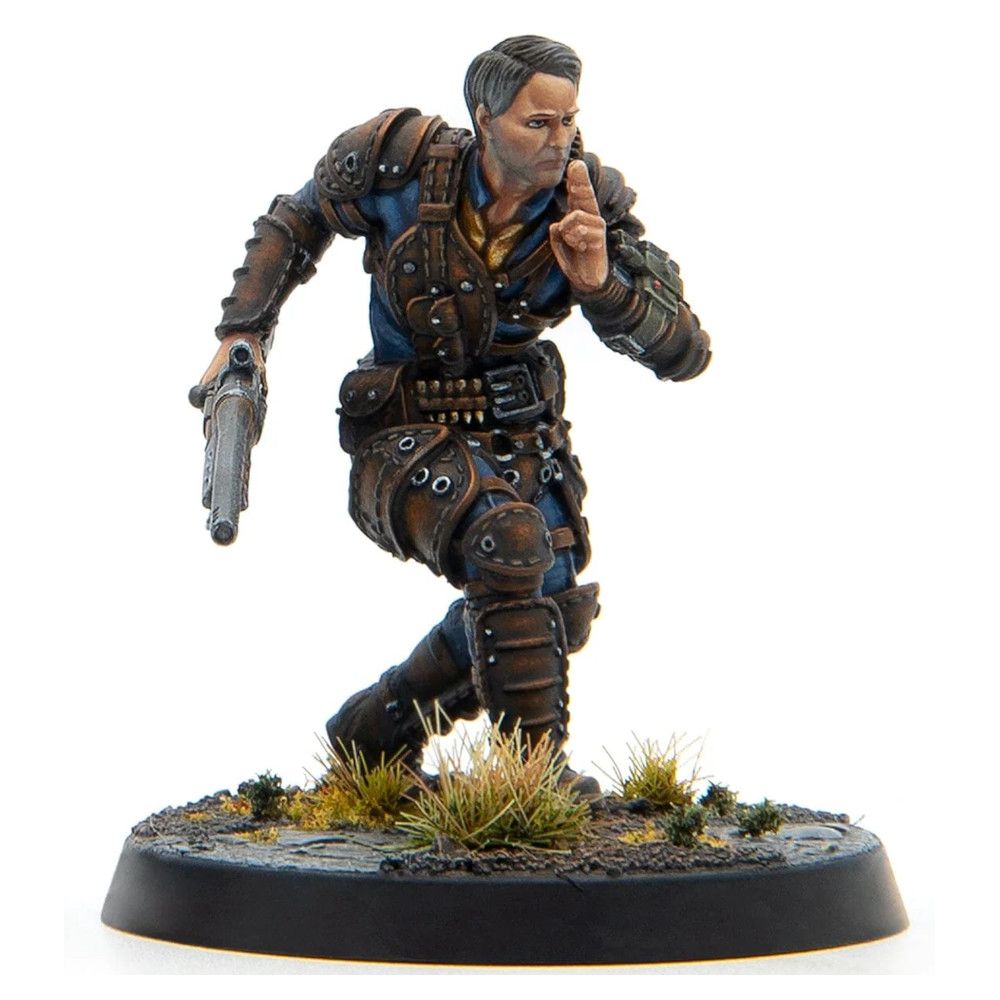 Armored male miniature with pistol, crouching and making a 'shhh' gesture