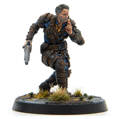 Armored male miniature with pistol, crouching and making a 'shhh' gesture