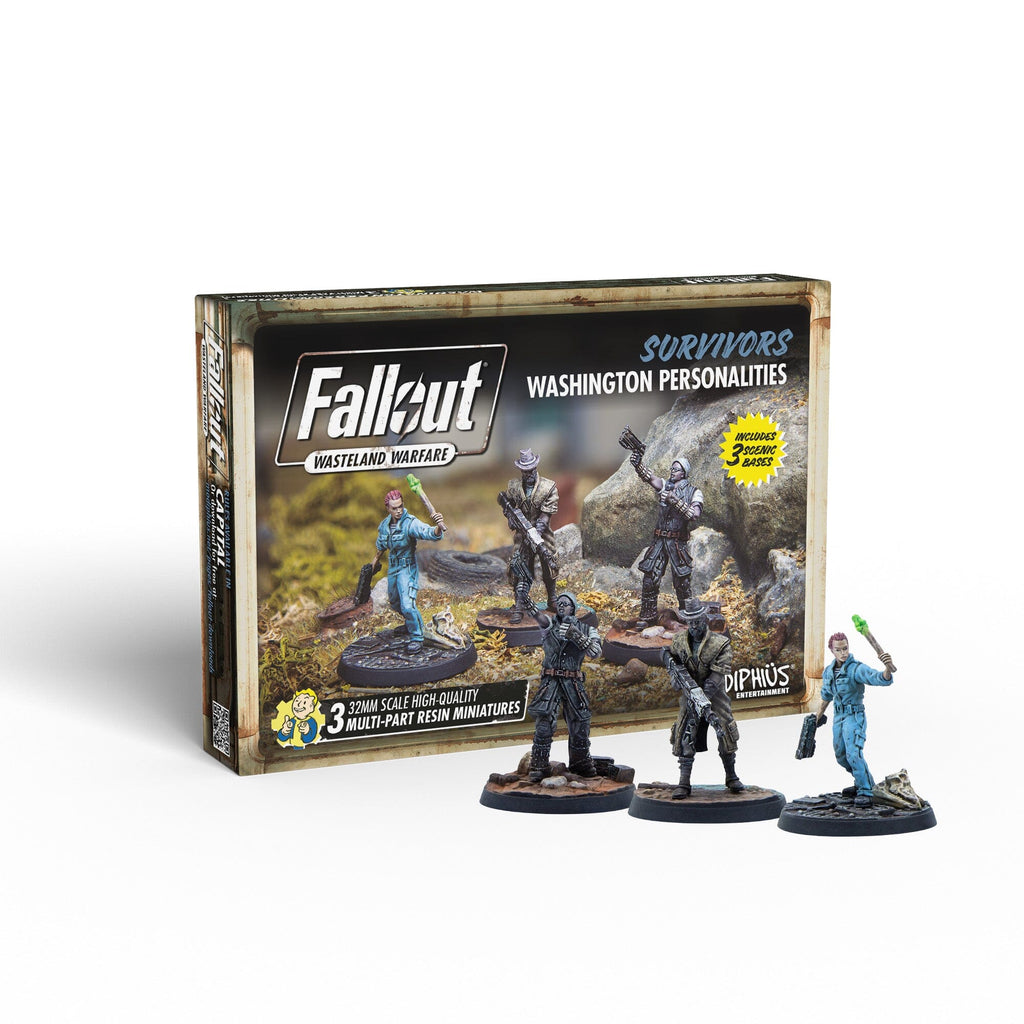 Fallout Wasteland Warfare 'Washington Personalities' miniature set box, featuring three detailed survivor figures on bases