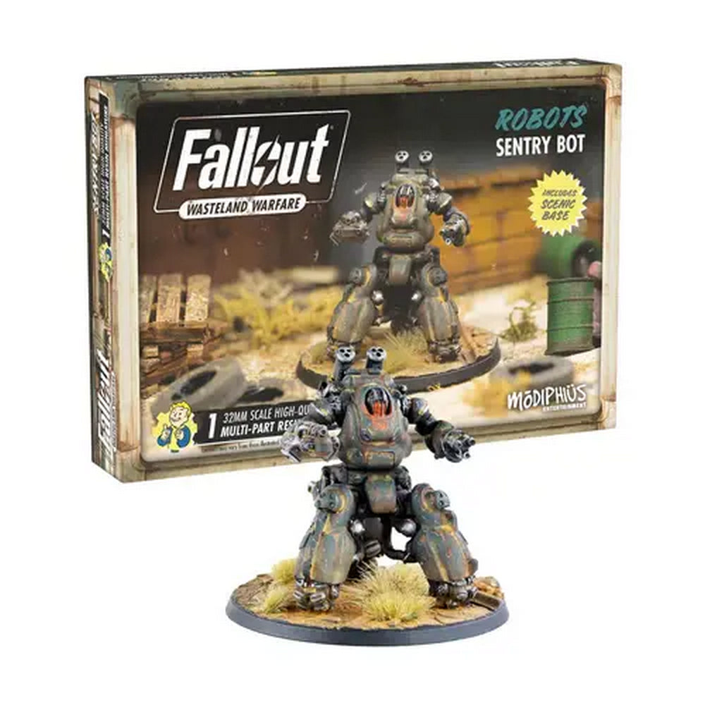 Fallout: Wasteland Warfare Sentry Bot miniature, a gray armed robot on a scenic base, stands before its game box