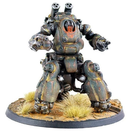 Weathered miniature battle mech, green and orange, with shoulder missiles and arm guns, standing on a detailed base