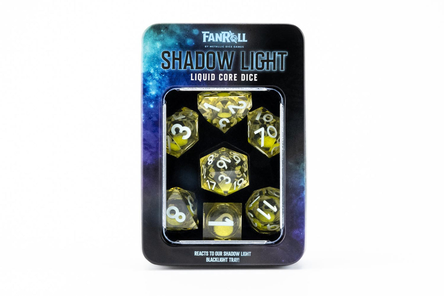 Shadow Light UV Reactive Elixir Liquid Core RPG Dice Set inside a box