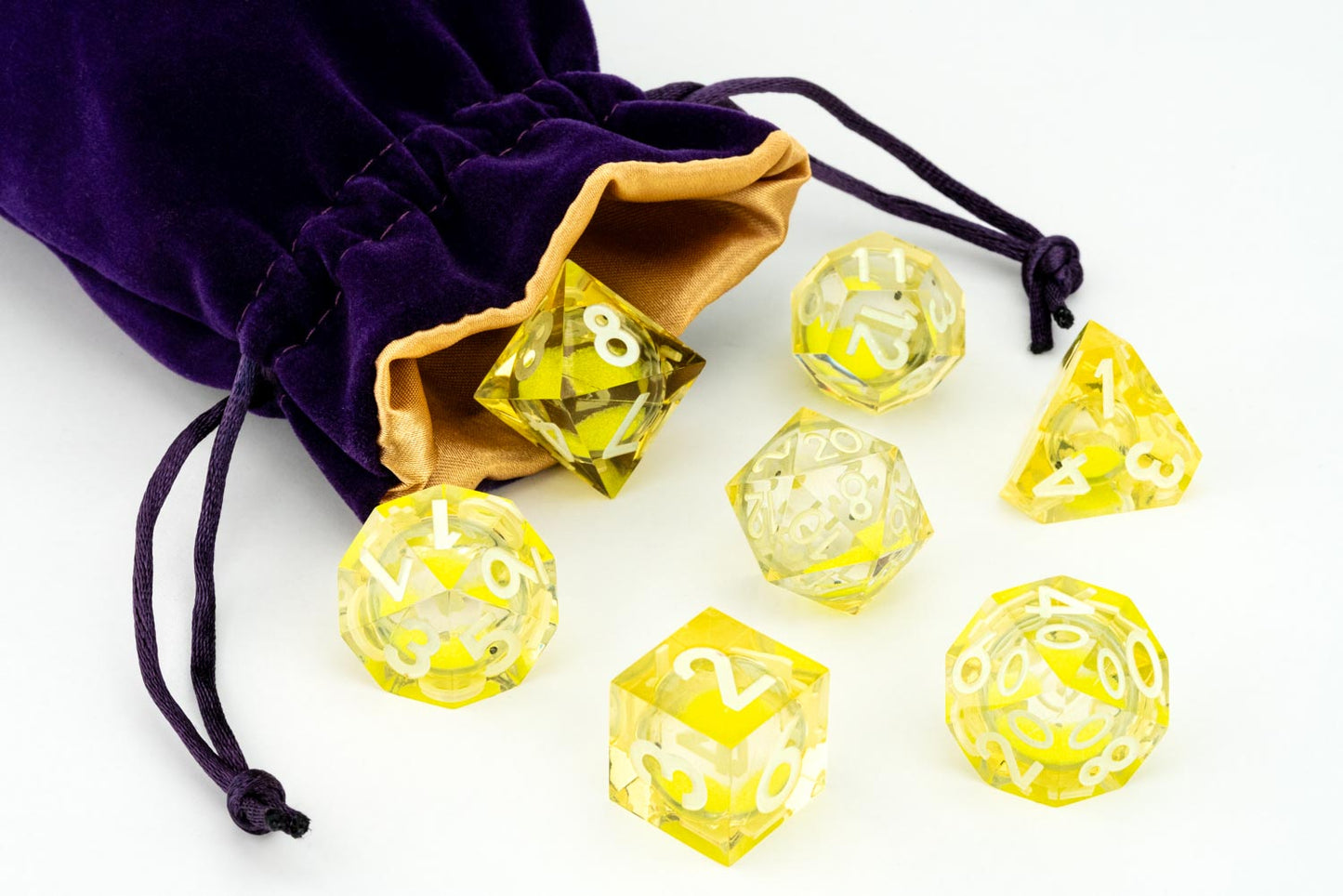 Shadow Light UV Reactive Elixir Liquid Core RPG Dice Set with a bag for storage
