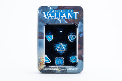 FanRoll Tales of the Valiant metal dice set displayed in a decorative arrangement