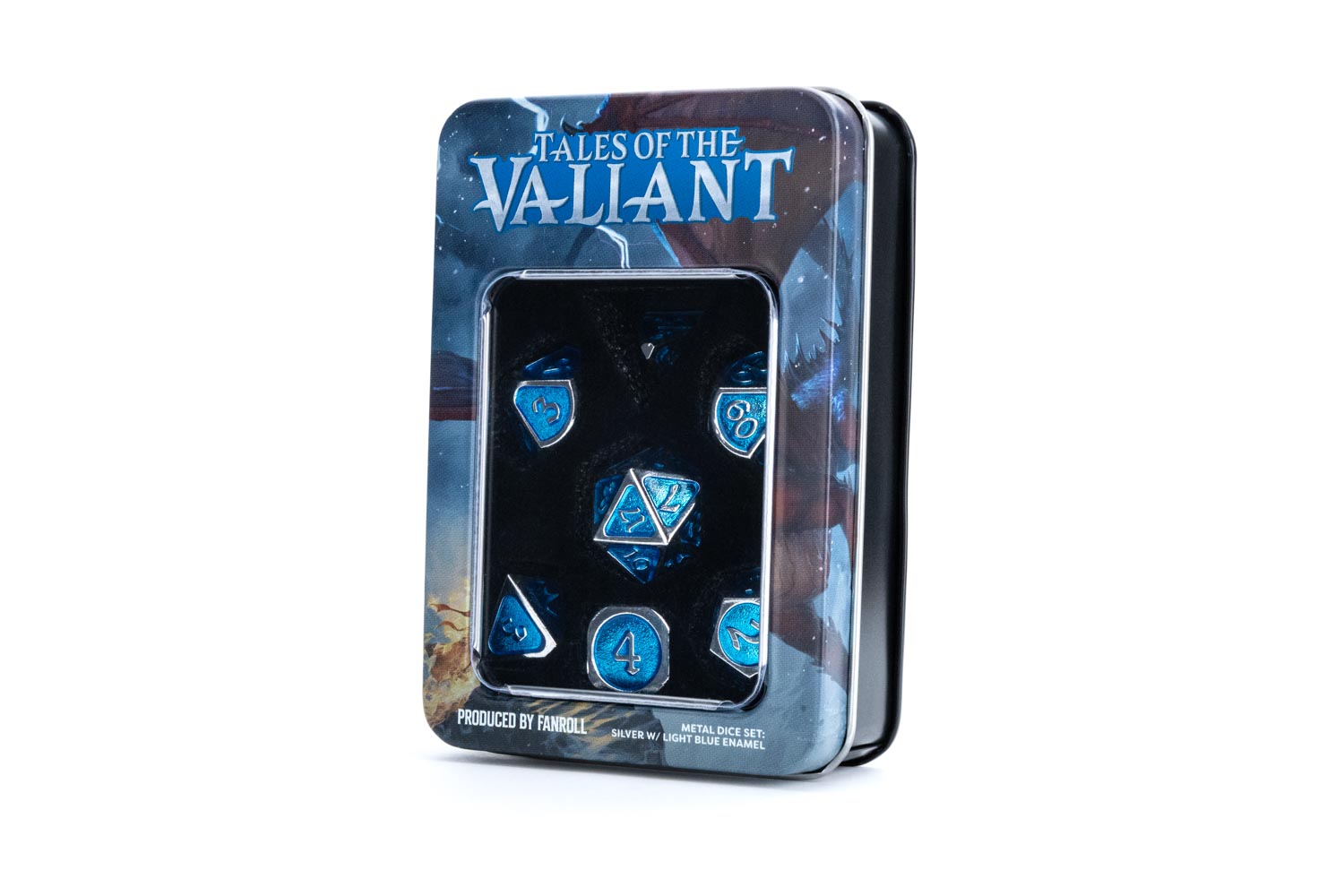 Close-up view of FanRoll Tales of the Valiant metal RPG dice set showing intricate details