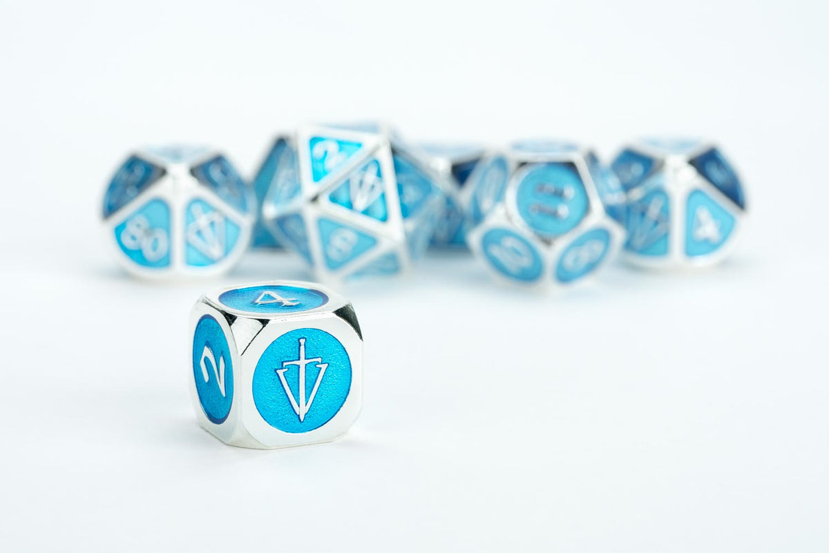Tales of the Valiant dice set by FanRoll arranged on a fantasy map background