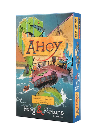 Box for the "Ahoy: Fang & Fortune" board game expansion, featuring a giant green sea monster attacking a ship