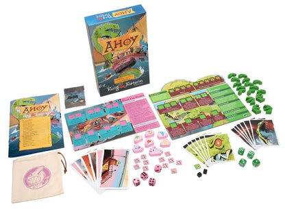 Ahoy: Fang & Fortune expansion board game components, showing cards, dice, tokens, and the box art