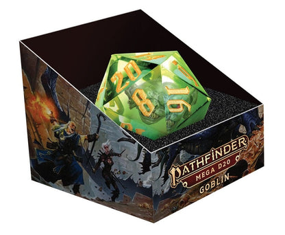 An oversized, translucent green d20 die featuring a goblin's face and gold numbers, displayed in its "Pathfinder Mega D20 Goblin" box