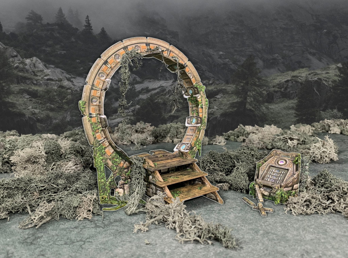 A papercraft ancient stone portal with stairs and a console, overgrown with moss and lichen, in a dark, misty forest.