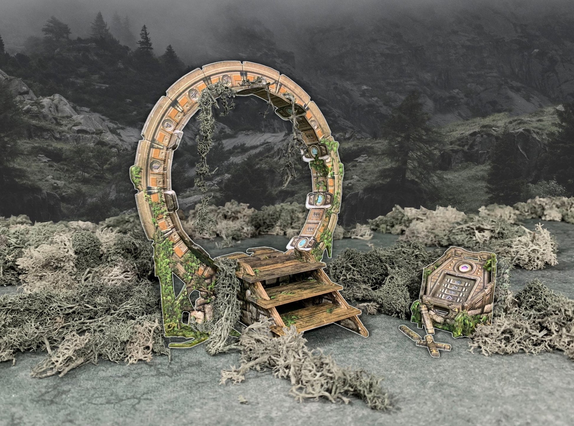 A papercraft ancient stone portal with stairs and a console, overgrown with moss and lichen, in a dark, misty forest.