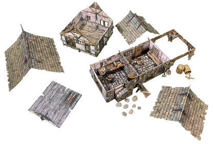 Exploded view of a modular medieval building model, with roofs, walls, and interior sections floating apart.
