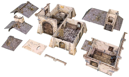 Unassembled modular medieval fantasy terrain pieces for tabletop games, showing detailed walls, shingled roofs, and room interiors.
