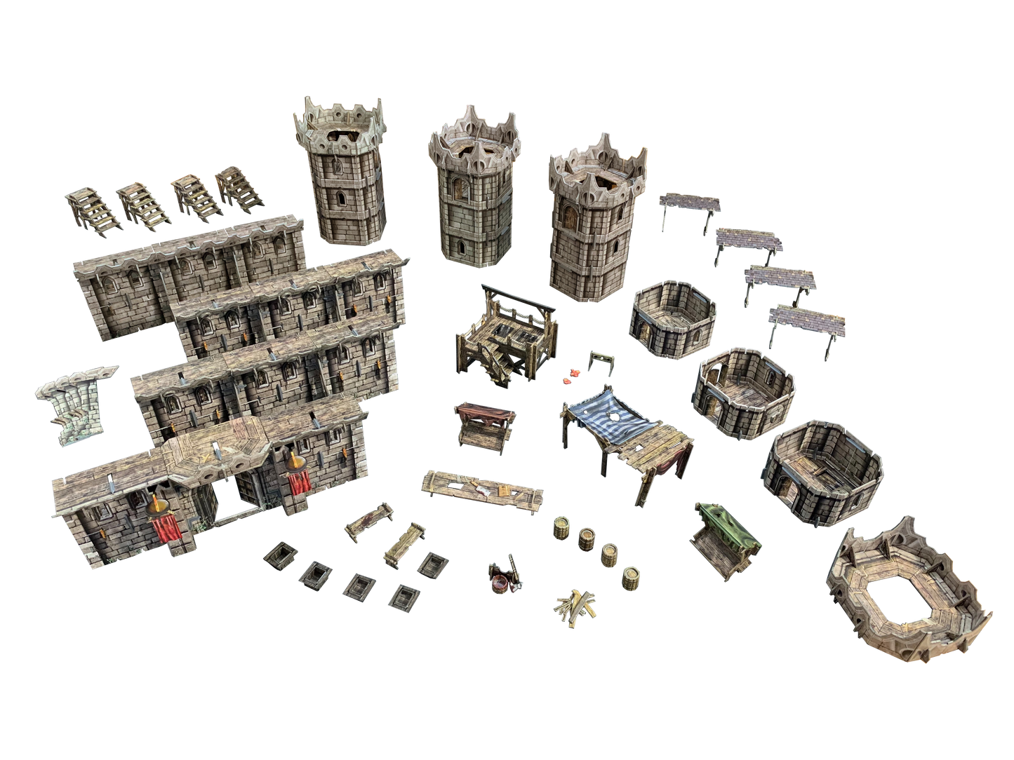 Modular fantasy tabletop terrain: walls, towers, stairs, market stalls, barrels, and bonfire pieces arranged on white.