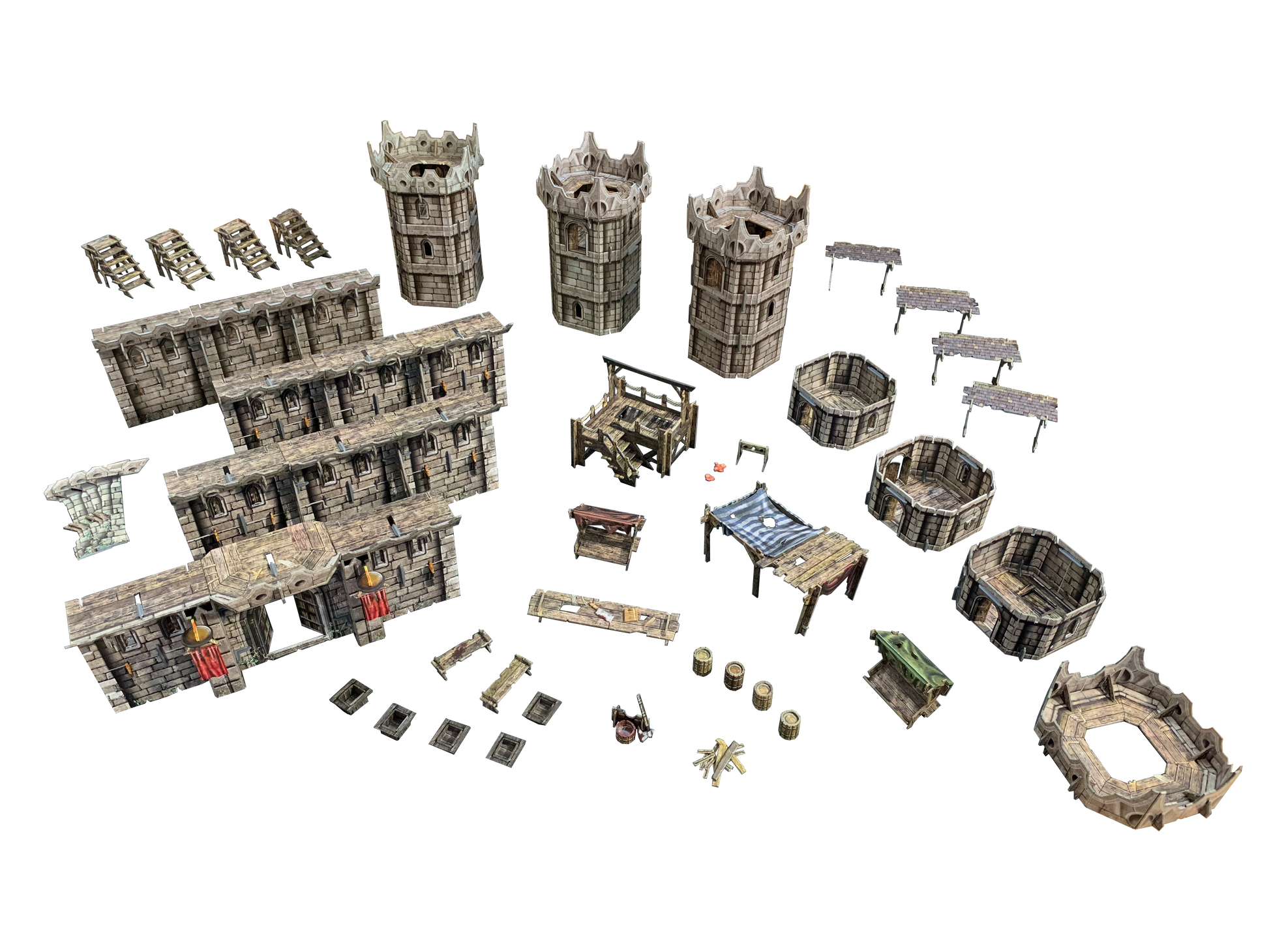 Modular fantasy tabletop terrain: walls, towers, stairs, market stalls, barrels, and bonfire pieces arranged on white.
