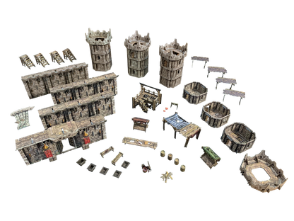 Modular fantasy tabletop terrain: walls, towers, stairs, market stalls, barrels, and bonfire pieces arranged on white.