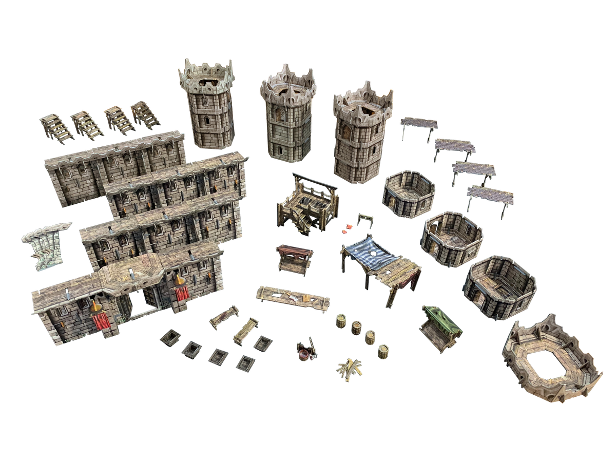 Modular fantasy tabletop terrain: walls, towers, stairs, market stalls, barrels, and bonfire pieces arranged on white.