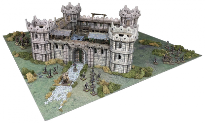 A detailed miniature stone castle fortress on a wargame board, surrounded by tiny soldiers, cavalry, and siege weapons.