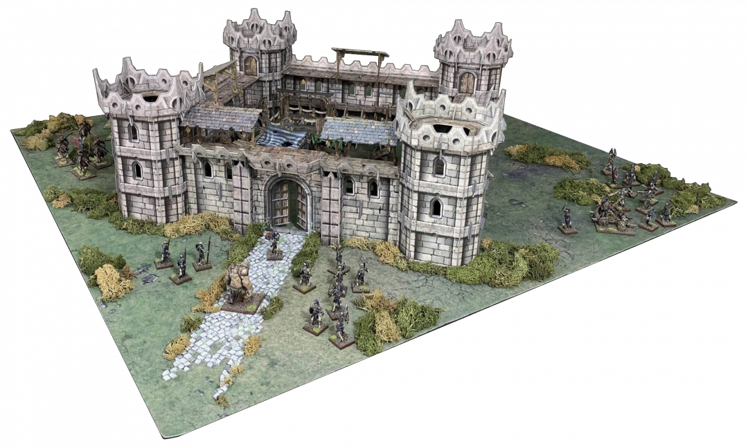 A detailed miniature stone castle fortress on a wargame board, surrounded by tiny soldiers, cavalry, and siege weapons.