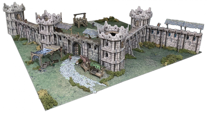 A detailed miniature model of a fortified stone castle wall with towers, a main gate, market stalls, and small figures on grass.