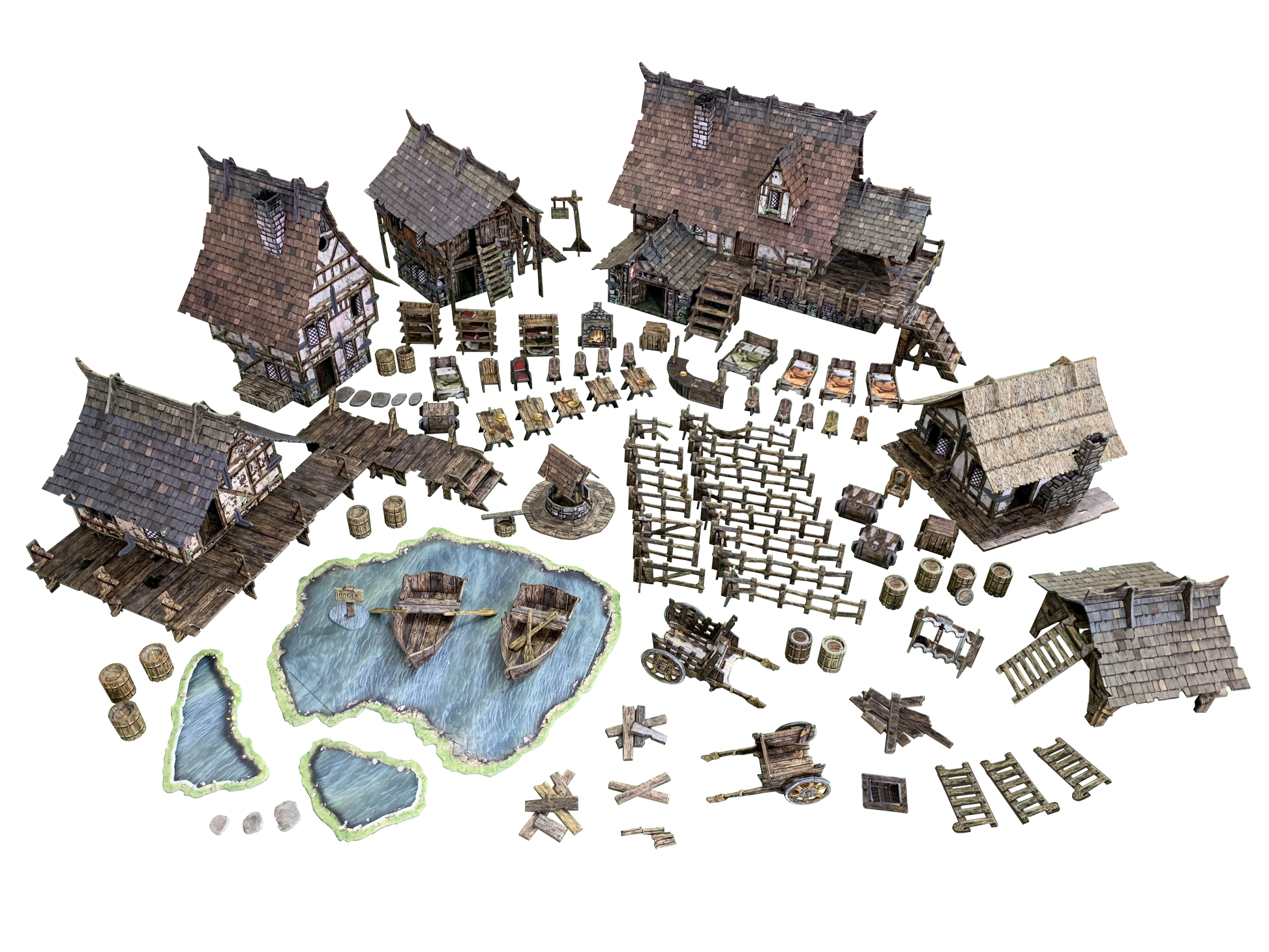 An overhead view of a detailed miniature medieval village on a green game mat, with houses, a pond with boats, a well, fences, and various props.
