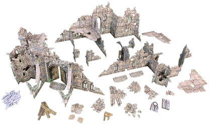 Modular ruined gothic stone building terrain pieces, with walls, archways, and scattered debris.