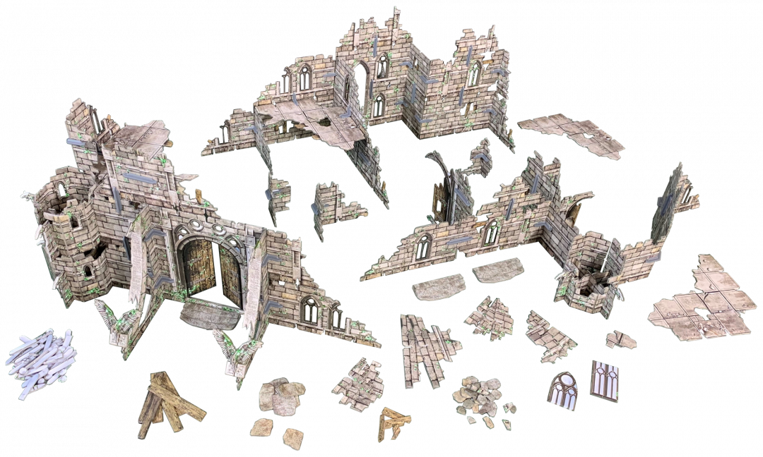 Modular ruined gothic stone building terrain pieces, with walls, archways, and scattered debris.
