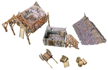 Deconstructed medieval building models: wooden frame, stone foundation, tiled roof, wooden cart, barrels, and crates.