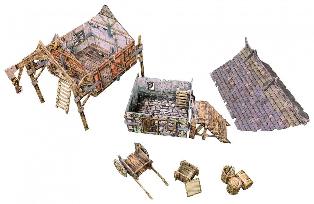 Deconstructed medieval building models: wooden frame, stone foundation, tiled roof, wooden cart, barrels, and crates.