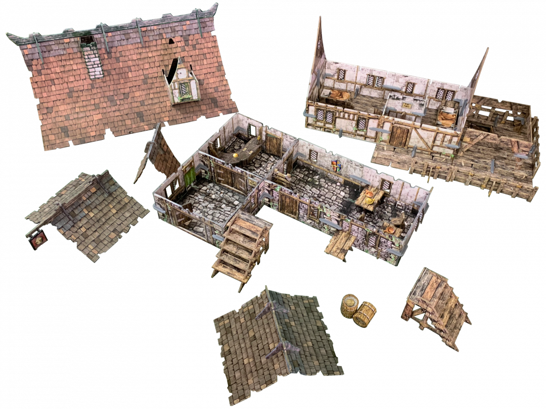 Disassembled modular fantasy inn model showing roofs, timber-framed walls, and detailed interiors with furniture, stairs, and a bar.
