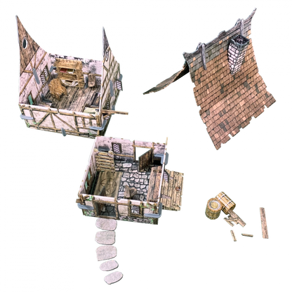 Modular miniature fantasy house model. Includes two open rooms, a shingled roof, and scattered barrels/wood.