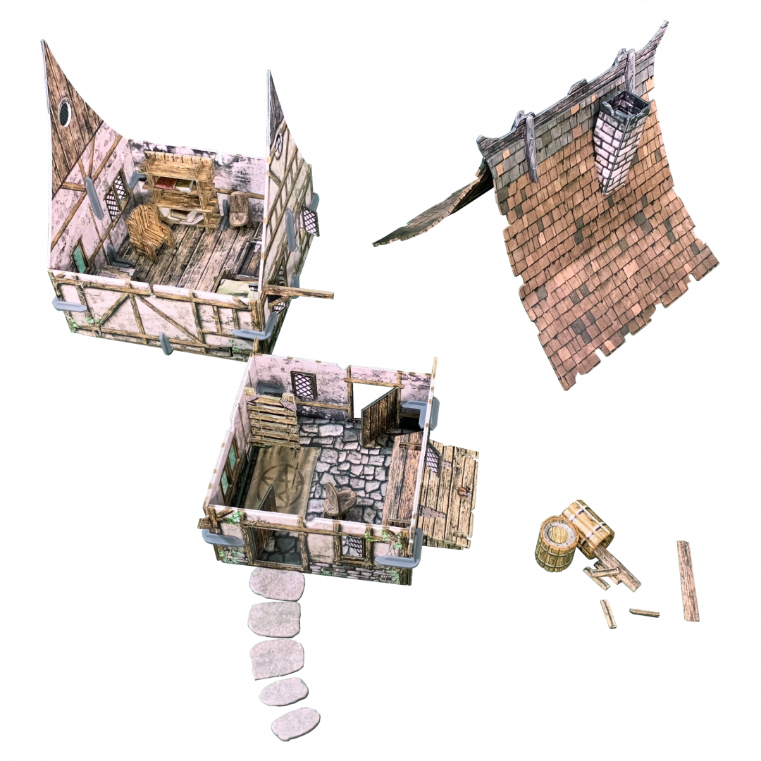 Modular miniature fantasy house model. Includes two open rooms, a shingled roof, and scattered barrels/wood.