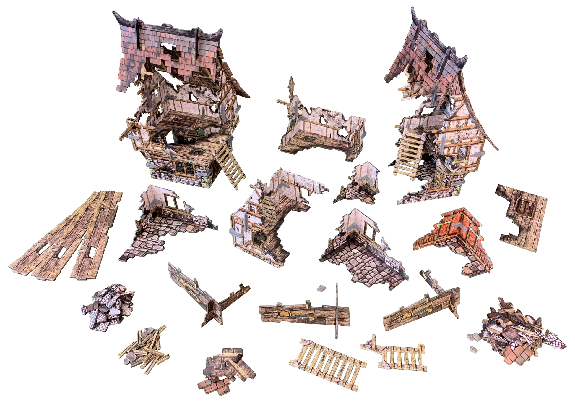 Exploded view of a demolished fantasy building, showing scattered roof, wood, and stone fragments.