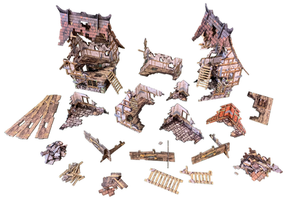 Exploded view of a demolished fantasy building, showing scattered roof, wood, and stone fragments.