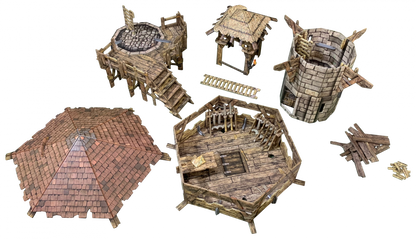 Modular fantasy village structures: stone tower, wooden well, workshop with weapons, thatched hut, and tiled roof.