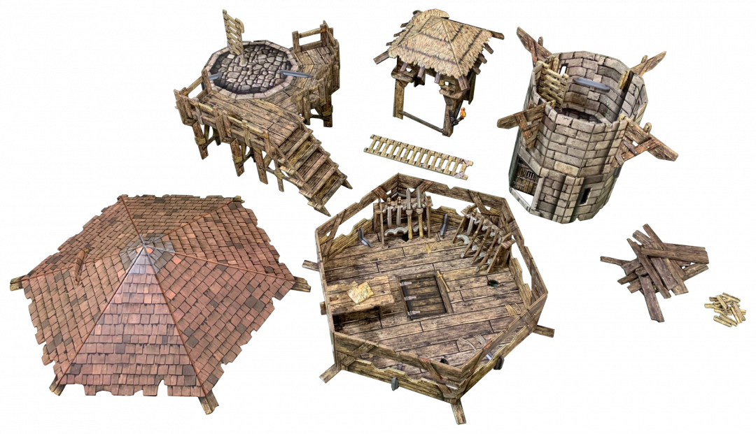 Modular fantasy village structures: stone tower, wooden well, workshop with weapons, thatched hut, and tiled roof.