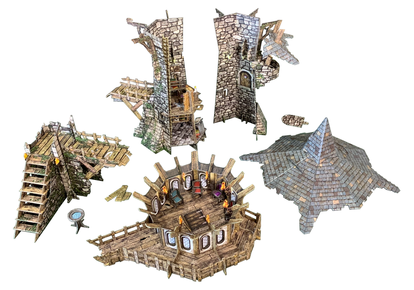 Detailed modular fantasy tabletop terrain, featuring stone towers, a wooden roundhouse, and a large roof piece