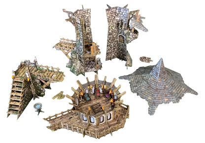 Detailed modular fantasy tabletop terrain, featuring stone towers, a wooden roundhouse, and a large roof piece