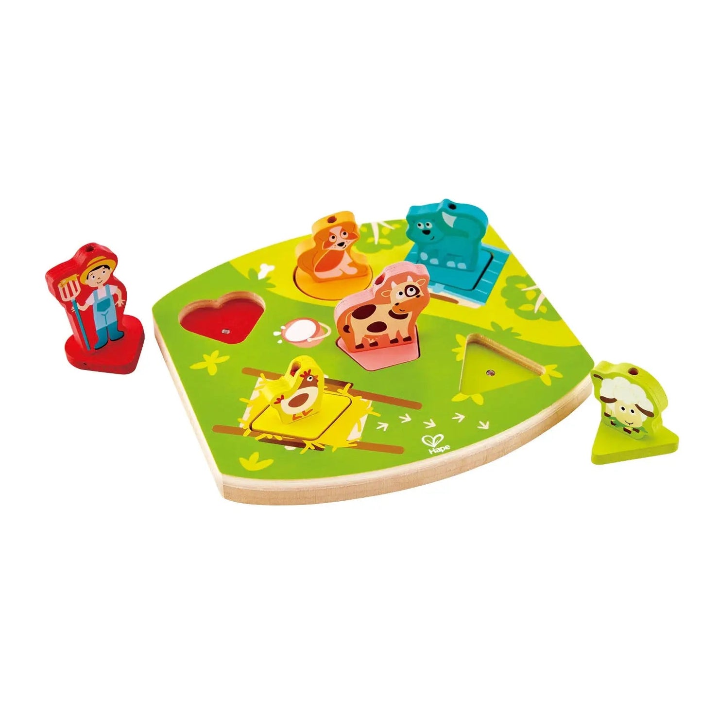 A colourful wooden farm animal shape sorter puzzle with farmer, cow, dog, pig, chicken, and sheep pieces.