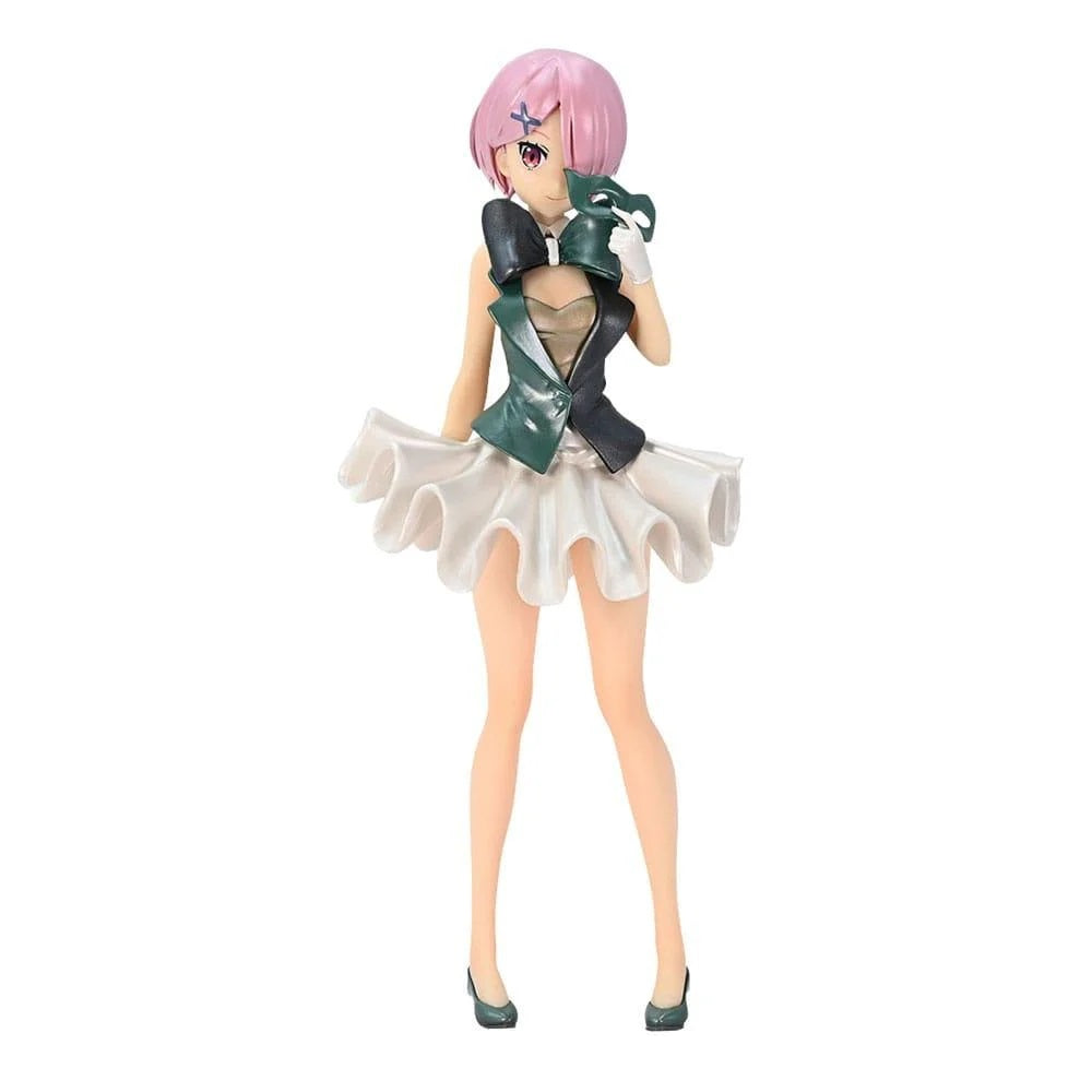 ReZero - Starting Life in Another World SSS Figure Ram in Circus Pearl showcasing Ram in a unique green and black vest over a white ruffled skirt holding a mask