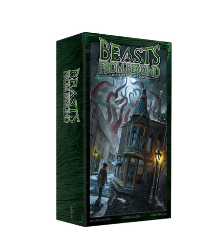 Beasts From Beyond game box: Person walks on a dark, rainy street with buildings; huge red tentacles loom from stormy skies