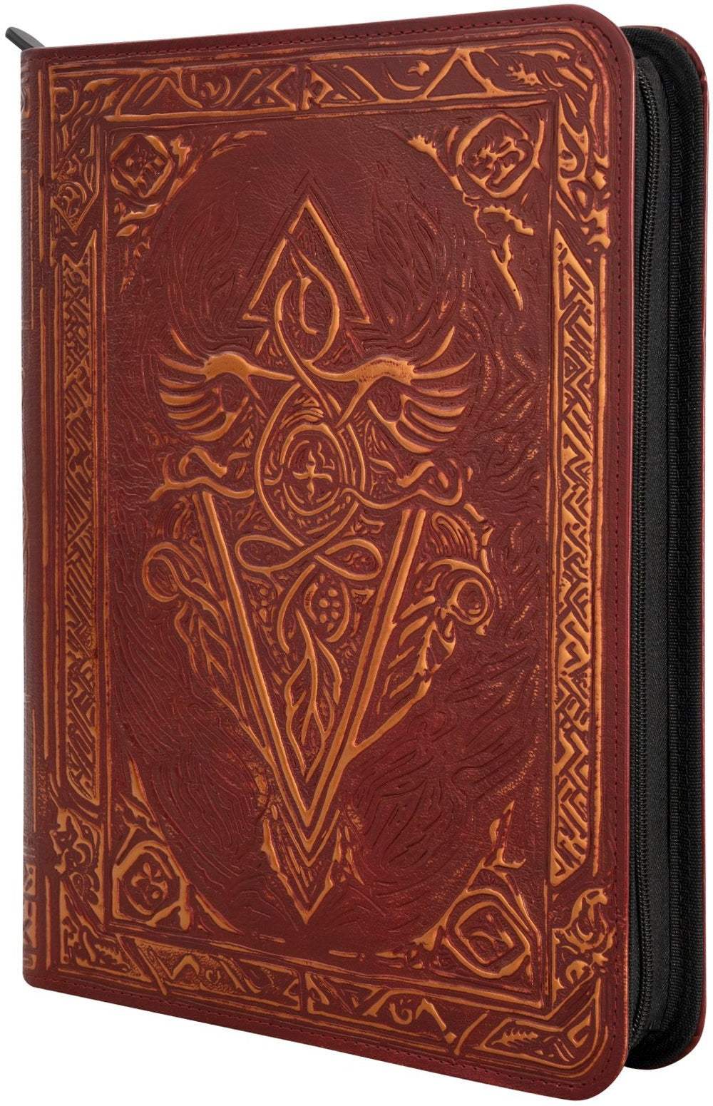 Dark red zippered binder with an intricate gold embossed design of a winged emblem within a triangle