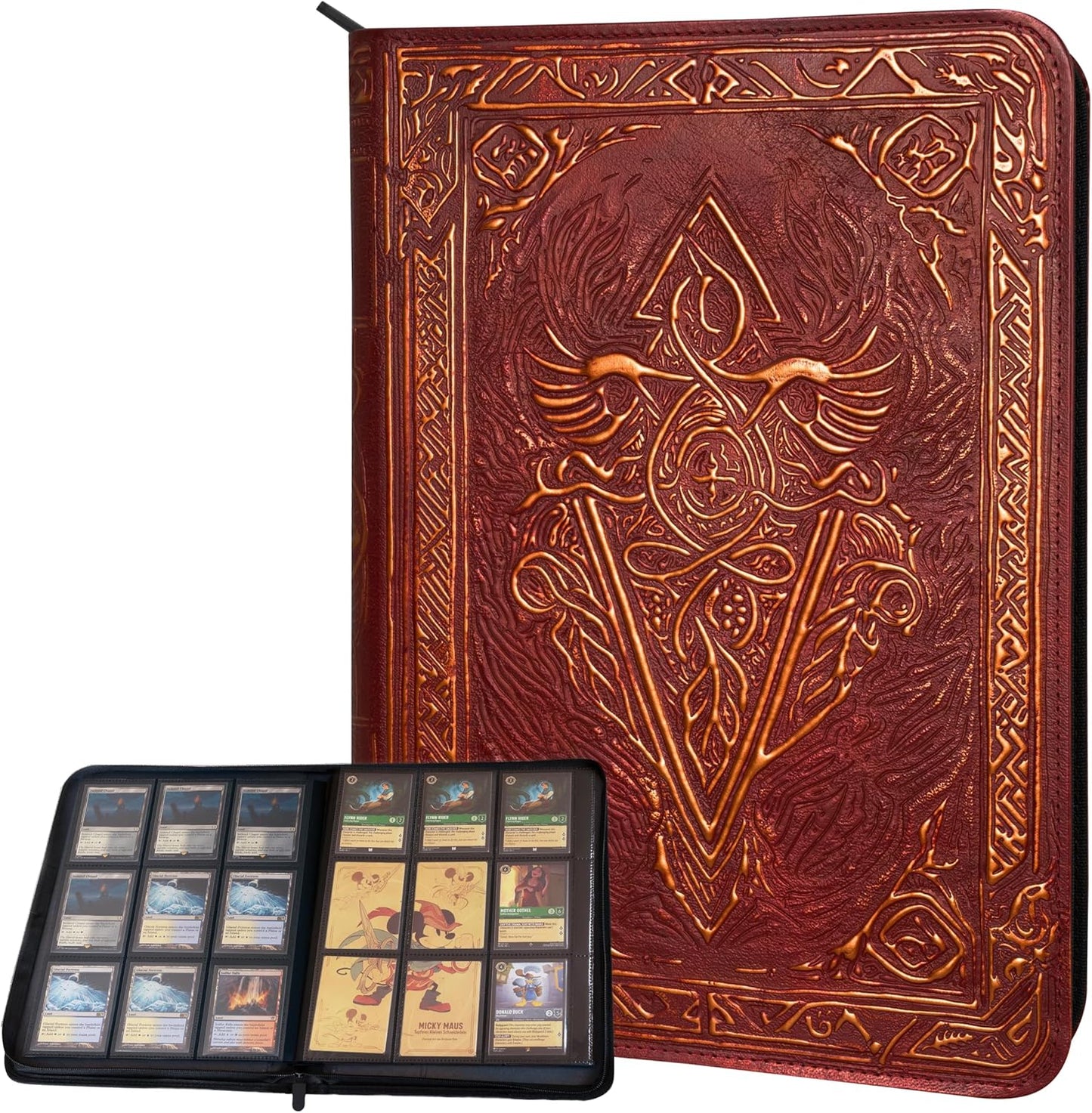An ornate red-brown binder with gold embossed designs stands behind an open black card binder displaying Magic and Disney Lorcana cards