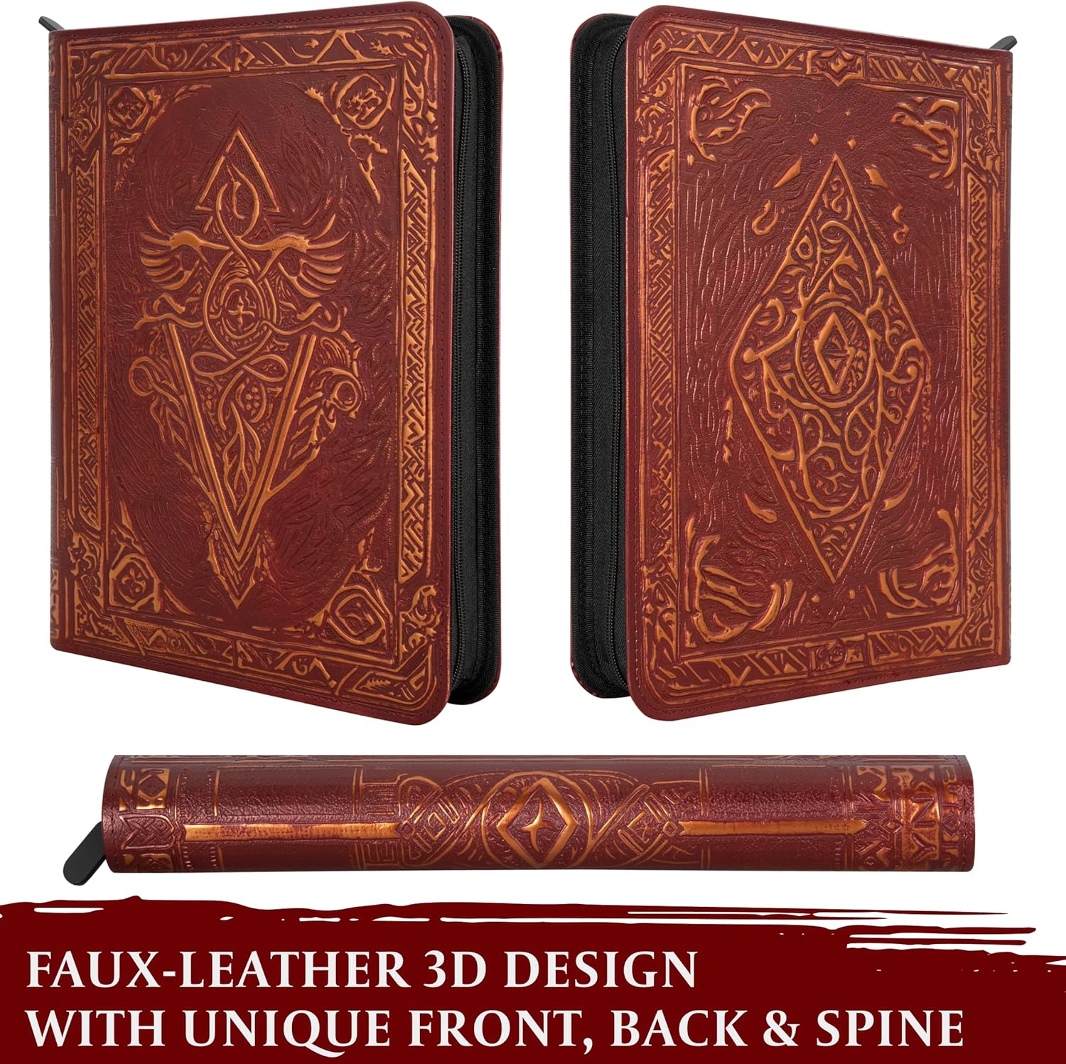 Burgundy faux-leather zippered case with ornate embossed patterns. Front, back and spine are displayed