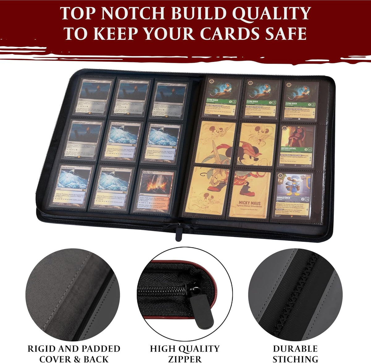 An open black binder displaying pages of Magic: The Gathering and Disney trading cards, built for safe storage