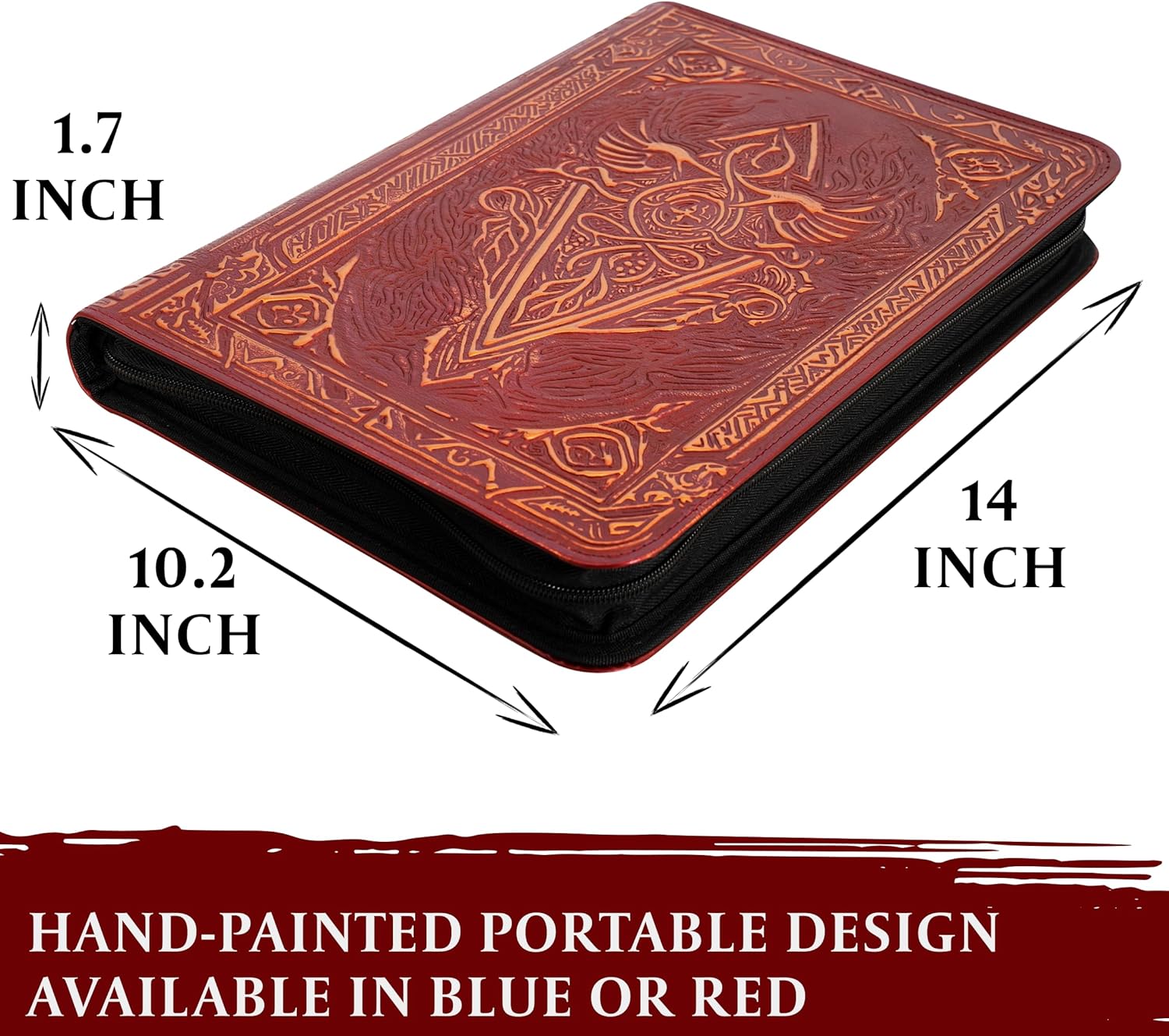 Red zippered portfolio with intricate hand-painted designs. Measures 14x10.2x1.7 inches