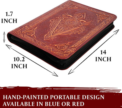 Red zippered portfolio with intricate hand-painted designs. Measures 14x10.2x1.7 inches
