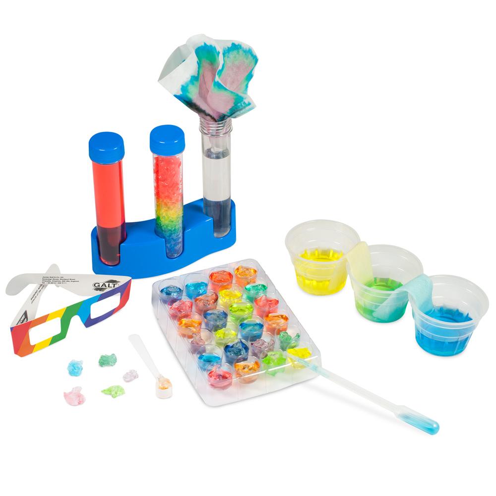 Galt Rainbow Lab STEM science kit displaying colourful test tubes, liquid dyes, and a tray of rainbow crystals