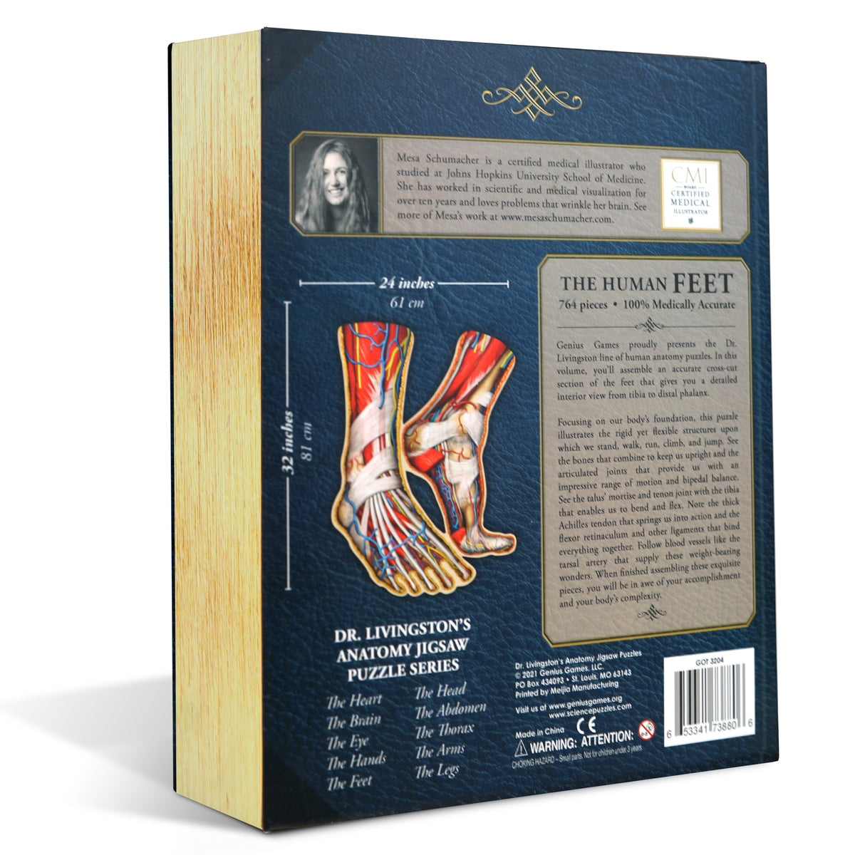 Back of a blue puzzle box featuring an anatomical illustration of human feet, titled &quot;The Human Feet&quot; puzzle
